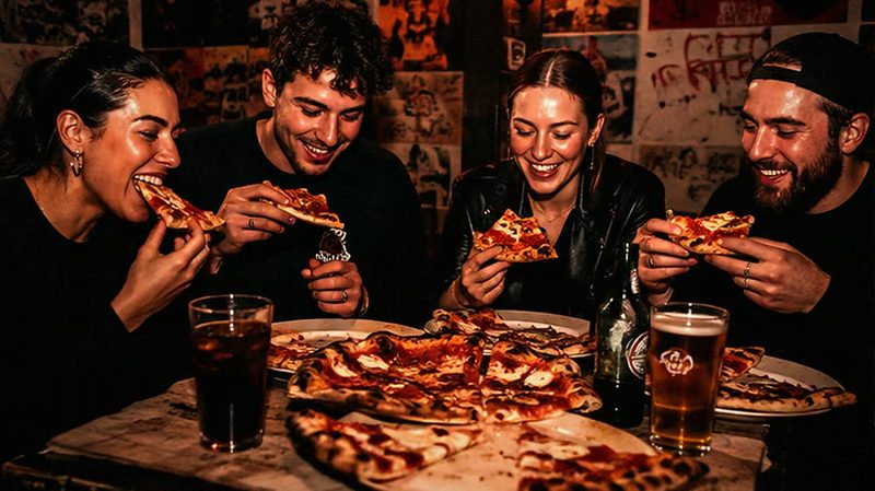 Vier Freunde sitzen dicht nebeneinander am Tisch und essen Pizza