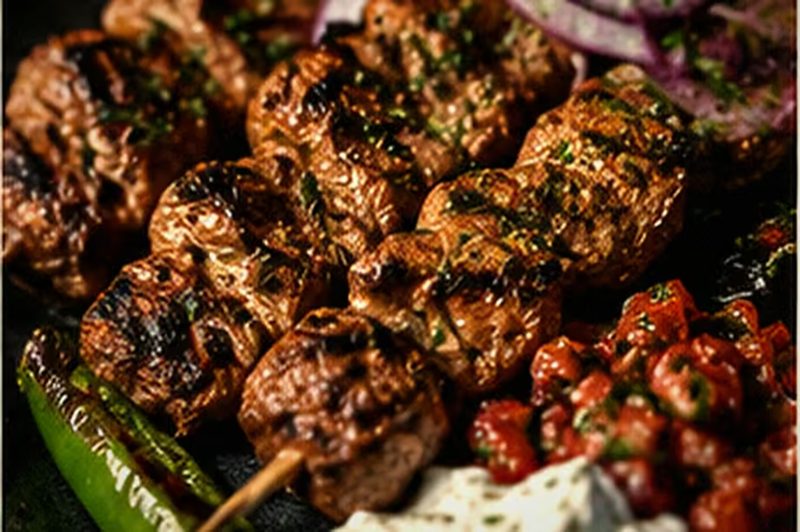 Gegrillte Fleischspieße mit roten Zwiebeln, Tomatensalat und Joghurtdip