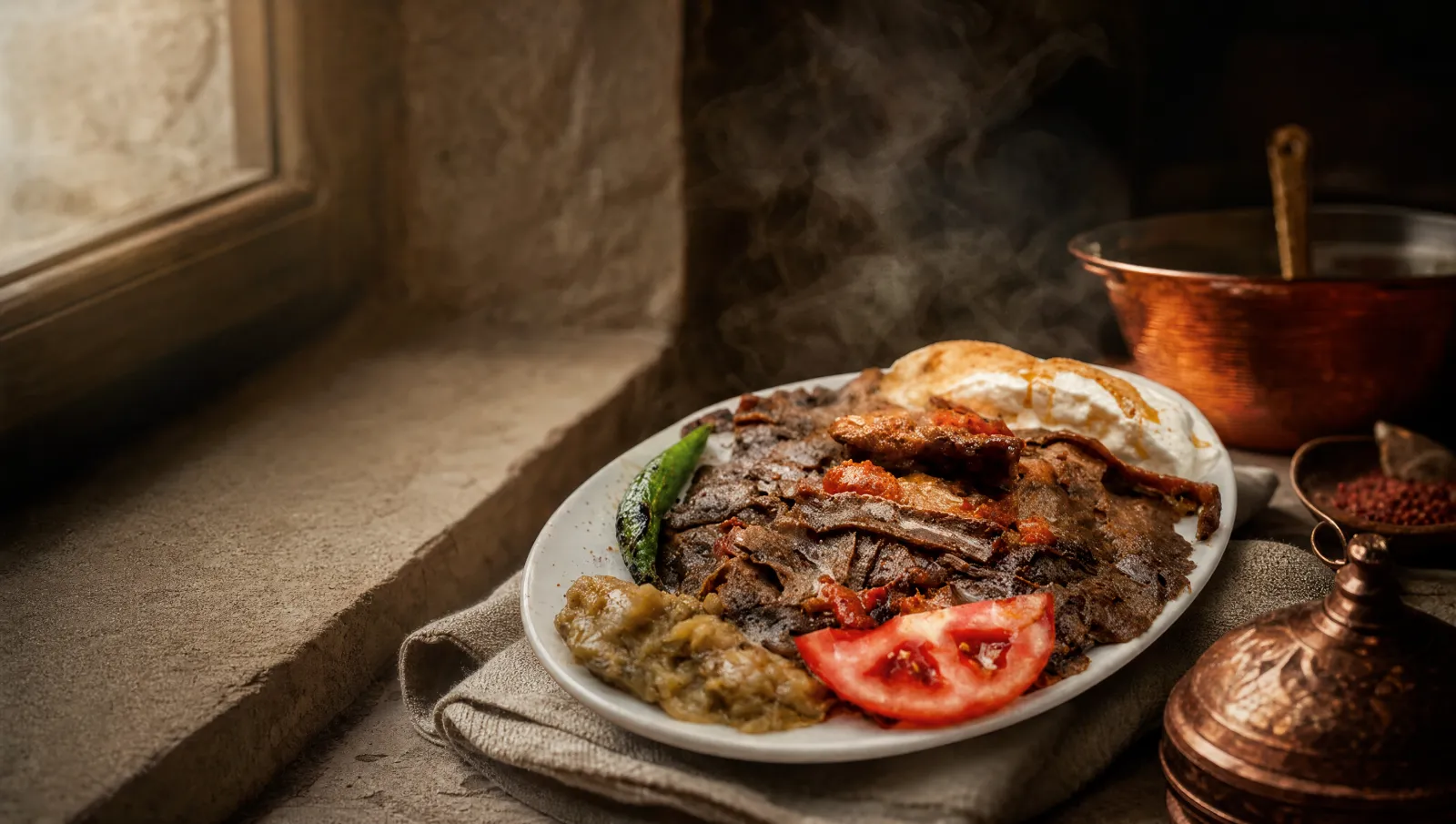 İskender mit Joghurt, Tomate und Peperoni